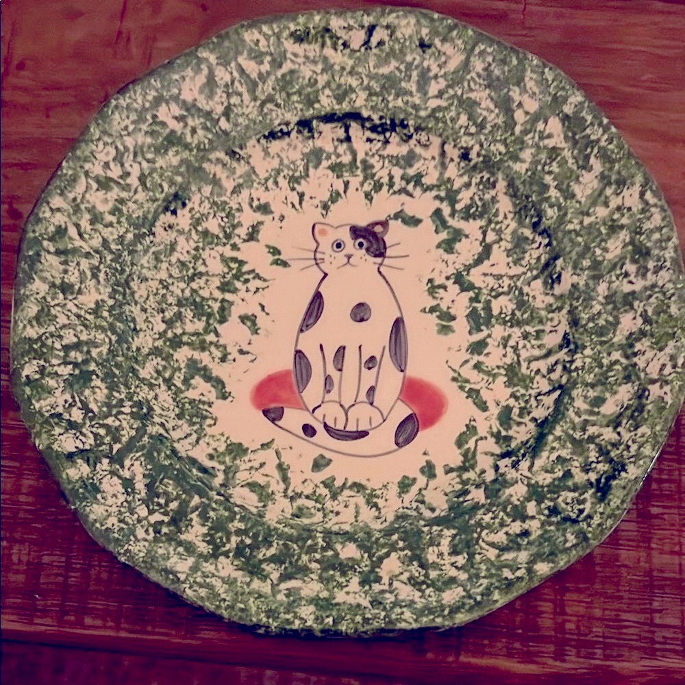 Green and White Cat Spongeware Plate